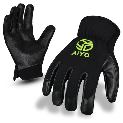 Onyx Safety Gloves Durable Black Natural Goat Skin With Stretch Fabric Comfortable Multi Purpose DIY Building Construction Gardening Safety Gloves AIYO SHOES Medium - Size 8  