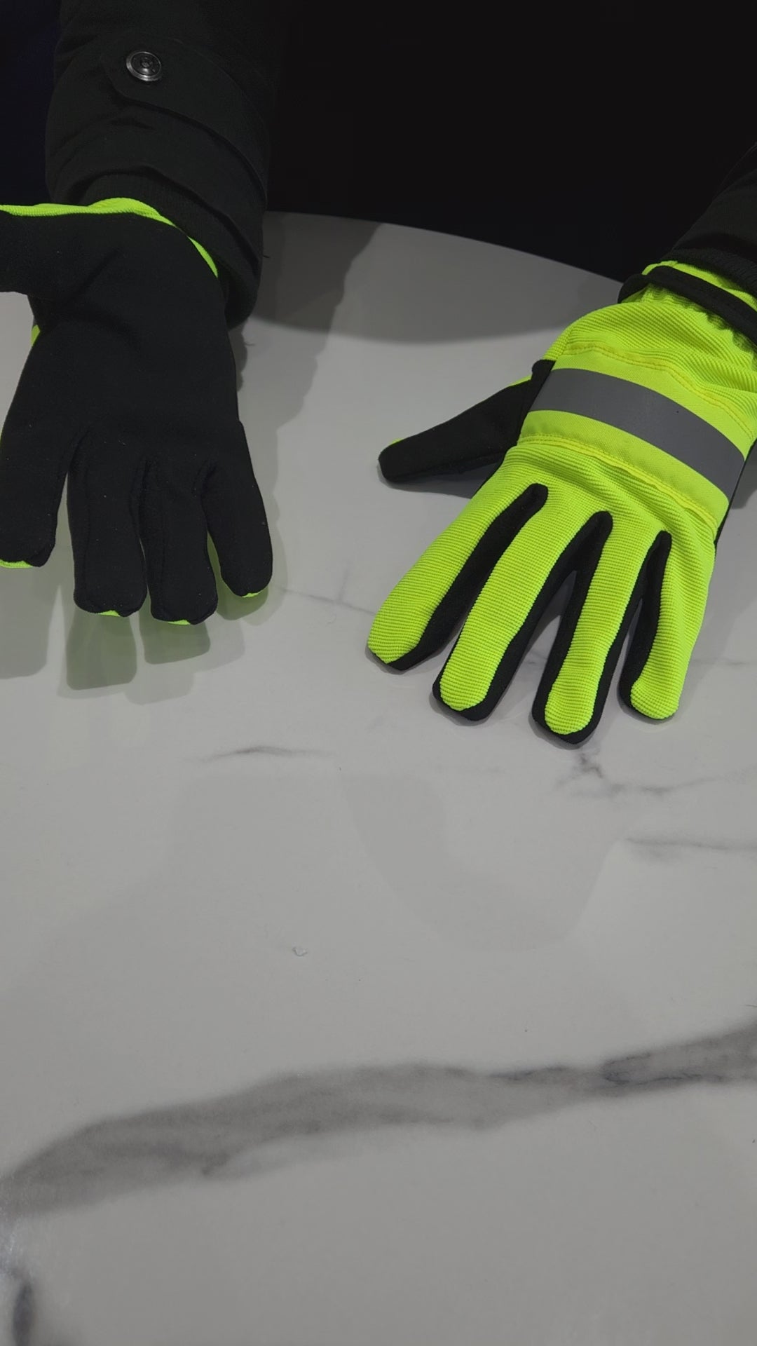 Reflective safety gloves designed for enhanced visibility in low-light conditions, featuring reflective materials for increased wearer conspicuity. Ideal for use in construction, roadwork, and other settings where visibility is crucial for safety